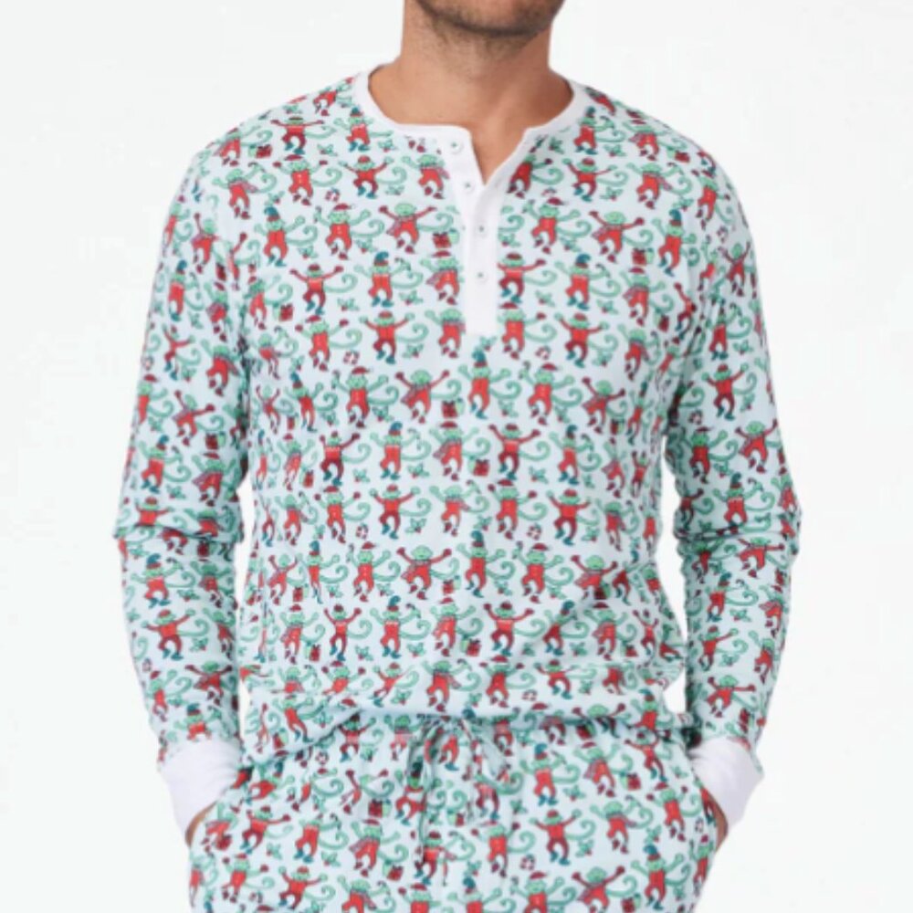 New NWOT Roller Rabbit Monkey Mas White Spencer Pajama Henley TOP Large Rare Men
